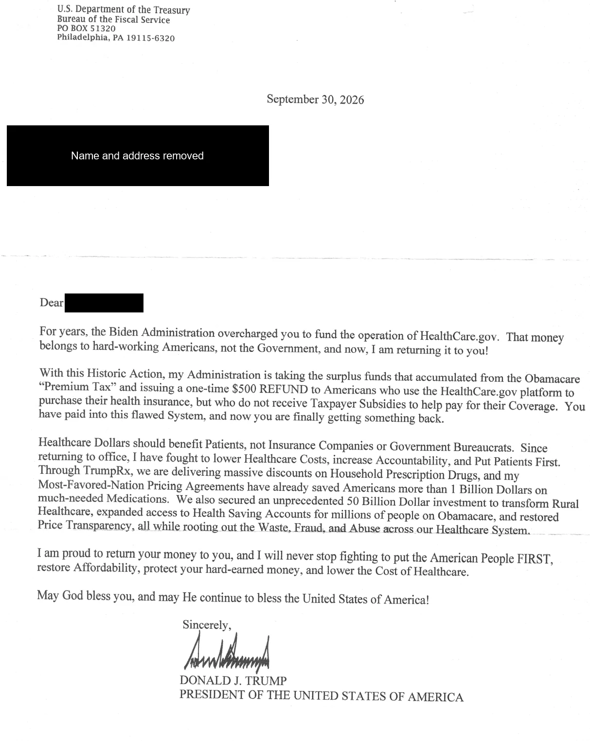 A one-page letter dated September 30, 2026 from the U.S. Department of the Treasury, Bureau of the Fiscal Service, PO Box 51320, Philadelphia, PA. It announces a one-time $500 refund to people who buy health insurance on HealthCare.gov without subsidies, and it is signed by President Donald J. Trump. The name and address are blacked out.