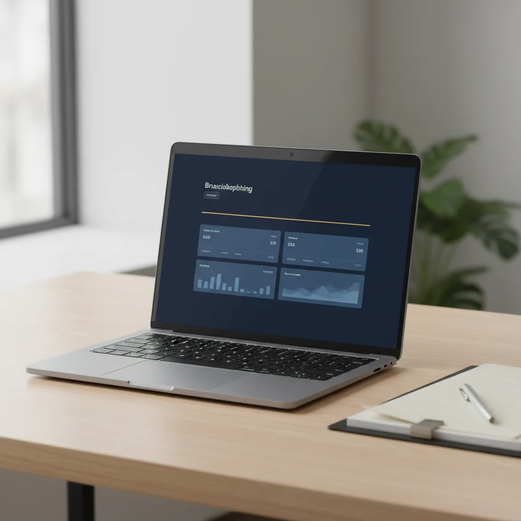 A laptop on a warm desk showing a clean, real-time bookkeeping dashboard in navy and gold.