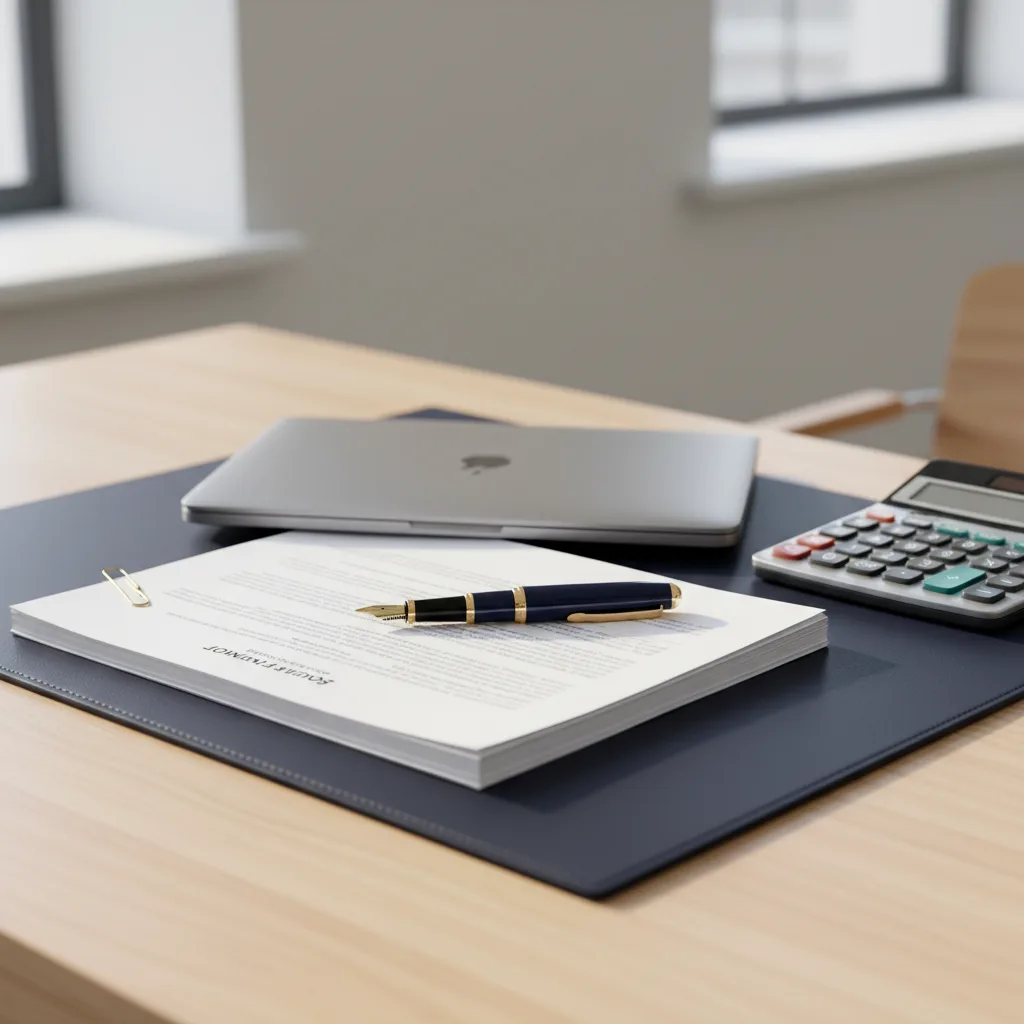 An organized desk set up for an S-corp conversion — business formation documents, a laptop, a calculator, and a navy-and-gold fountain pen