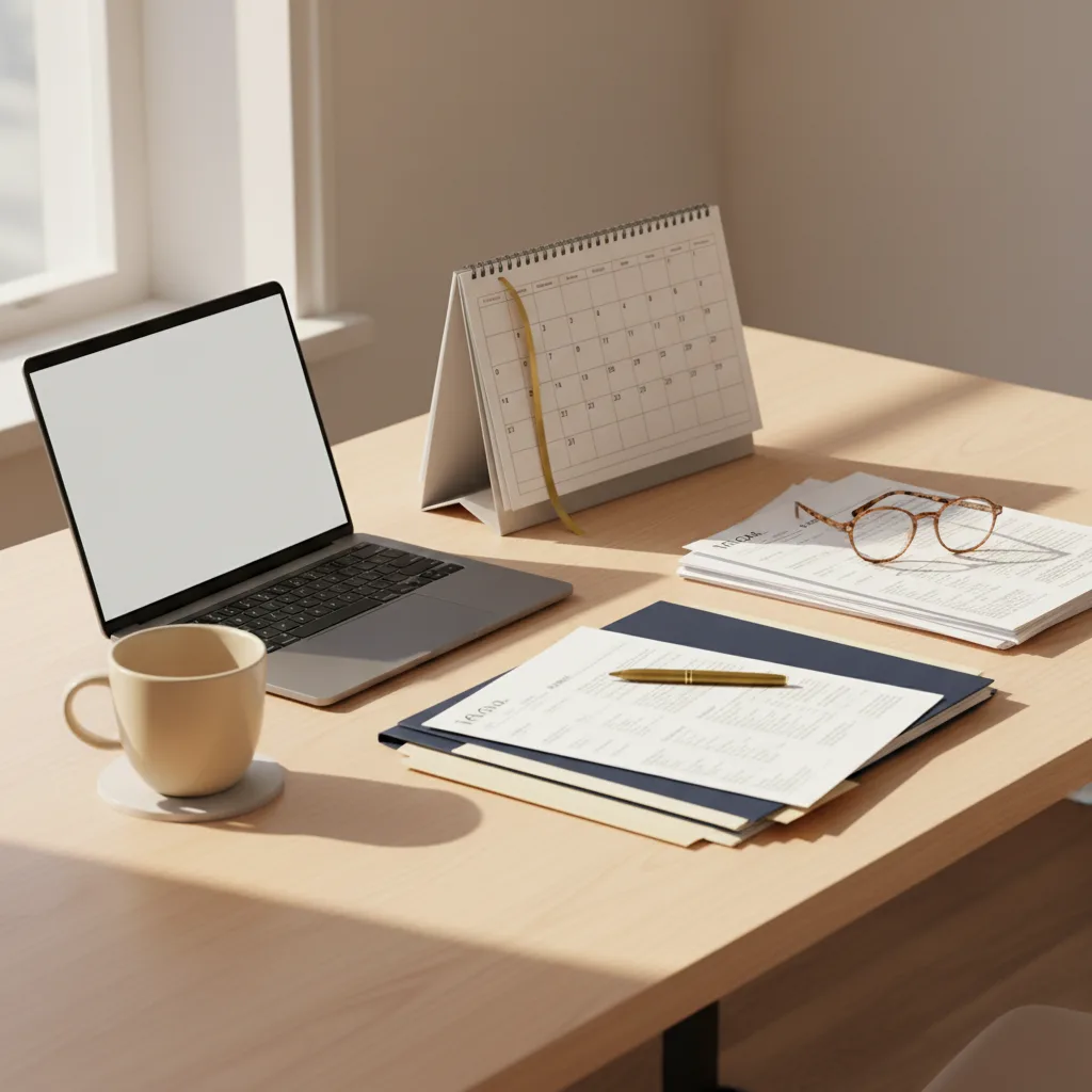 A calm desk with a fresh calendar, neatly stacked tax documents, and a laptop in warm window light