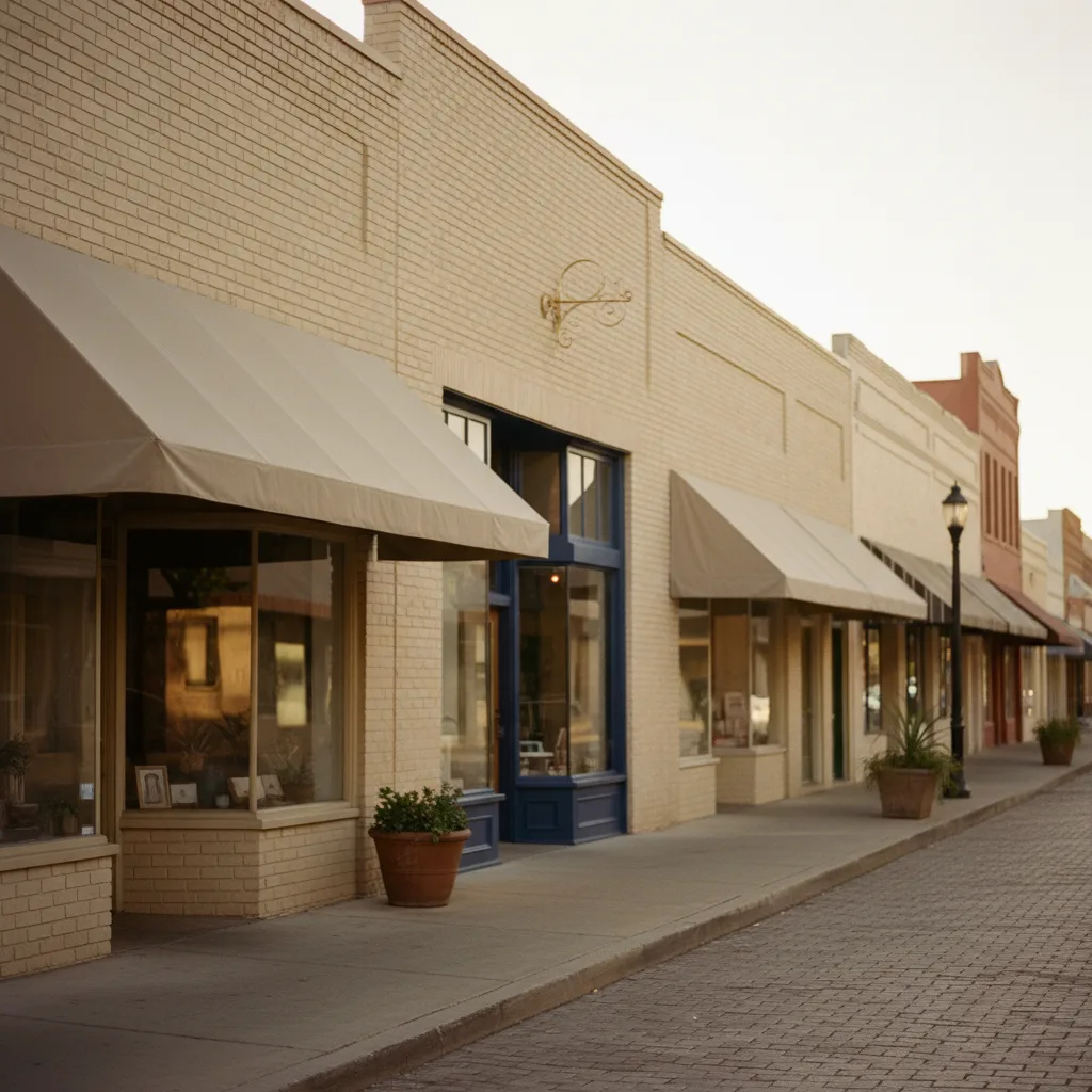 A warm San Antonio main-street block of local small-business storefronts at golden hour