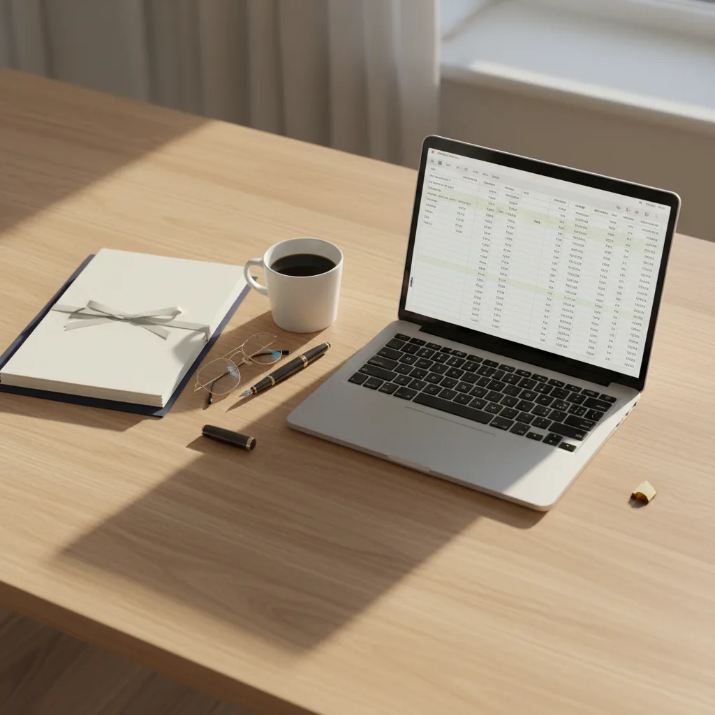 A calm, organized desk with clean books open on a laptop, tidy financial documents, and warm morning light.