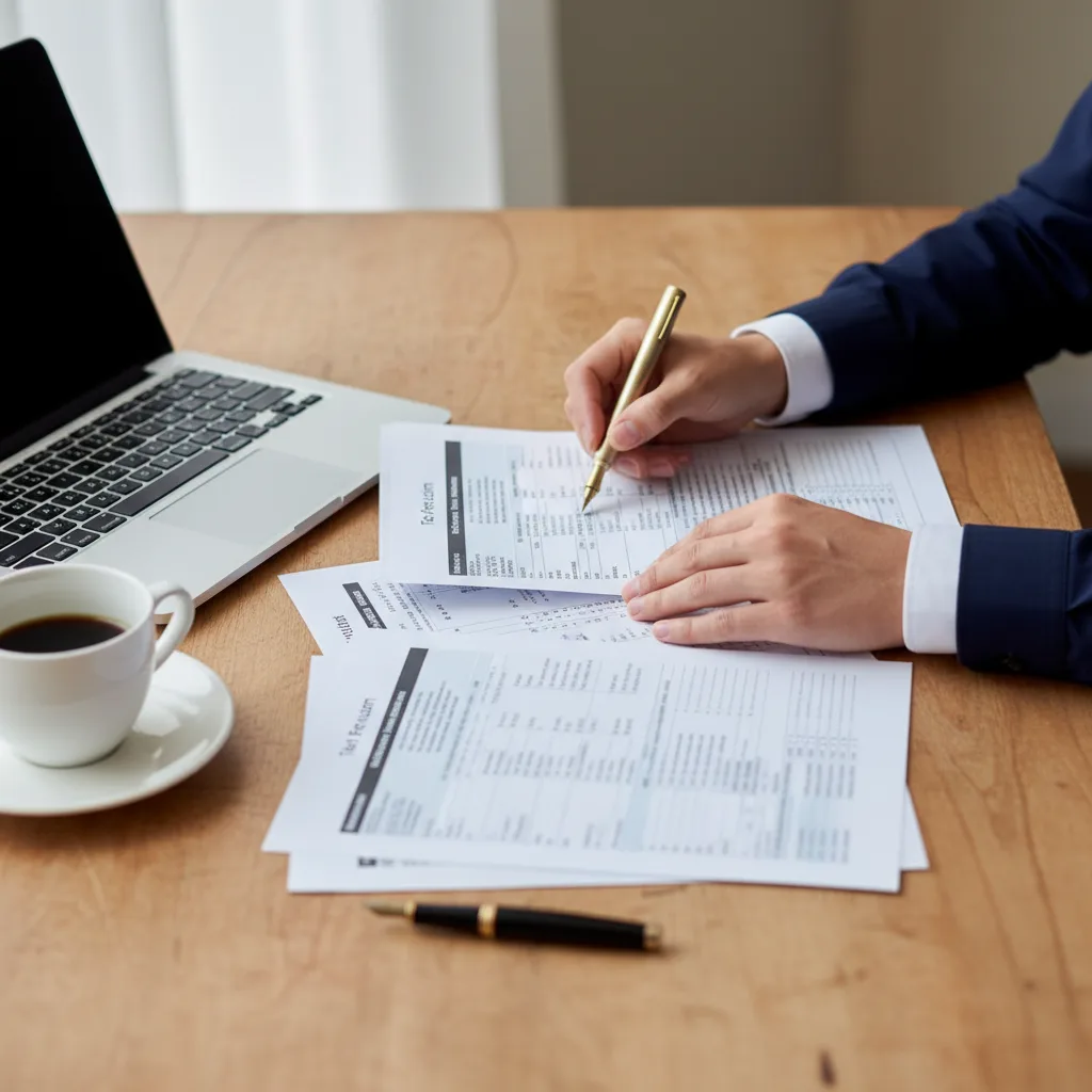 A senior advisor reviewing a prior-year tax return line by line, gold pen in hand